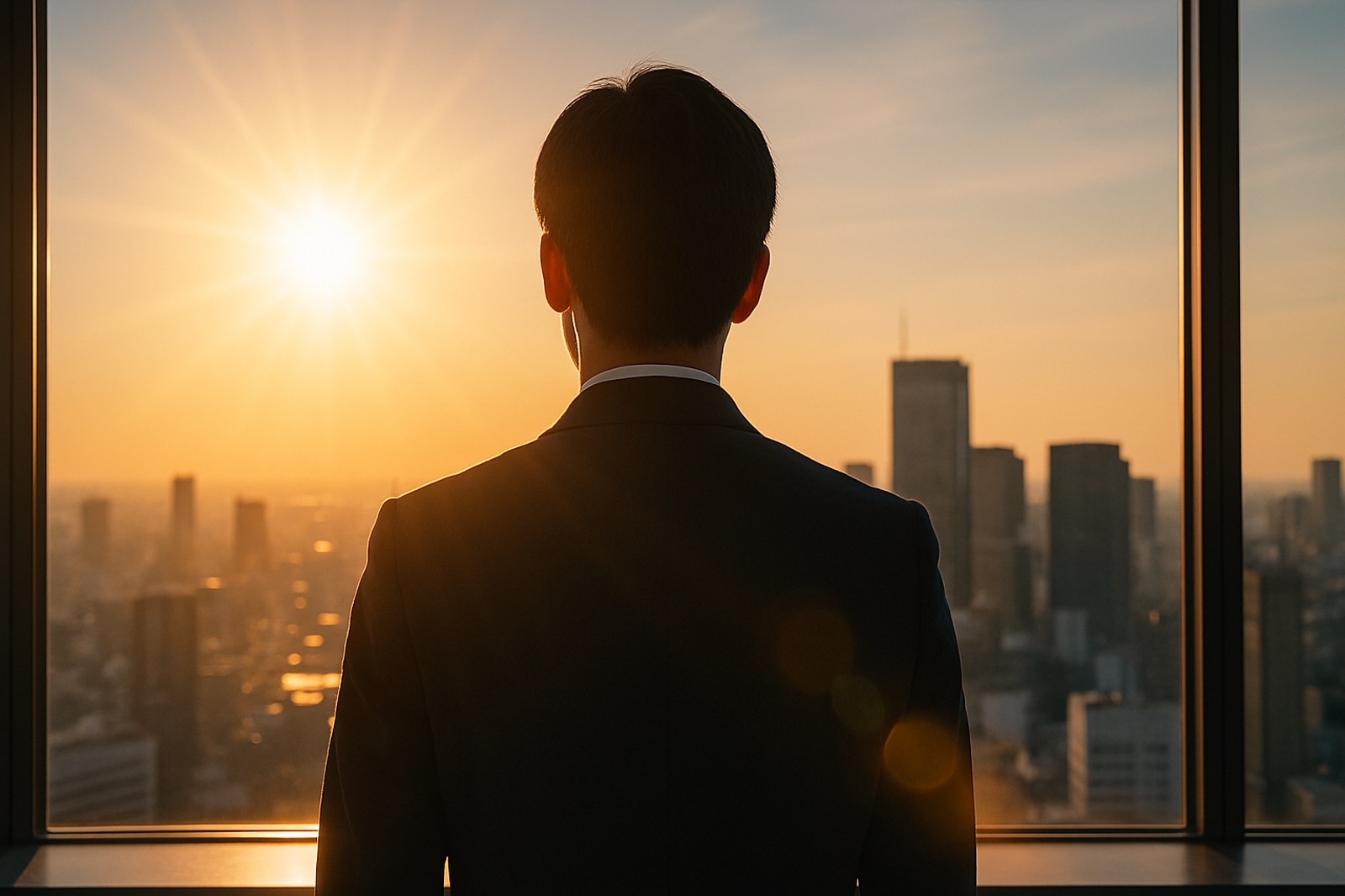 夕陽の差す高層オフィスで、光を浴びながら都市を見渡すスーツ姿の日本人男性の後ろ姿