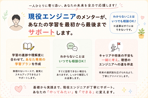 【未経験OK】転職だけで終わらない、現場で活躍できるエンジニアになるためのサポートをいたします。-image1