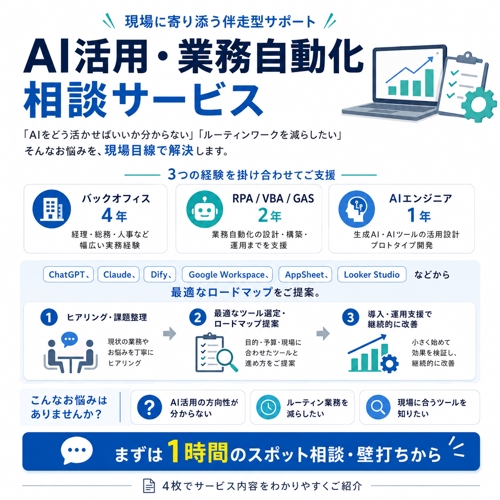 AIの使い方を学ぶだけでなく、“あなたの仕事のどこにAIを使えば成果が出るか”まで一緒に整理します。-image1