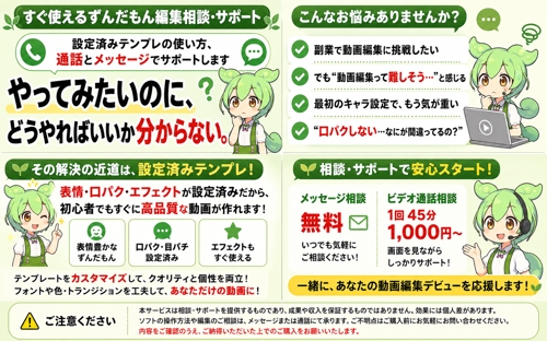 すぐ使えるずんだもん編集相談-設定済みテンプレの使い方、通話とメッセージでサポートします